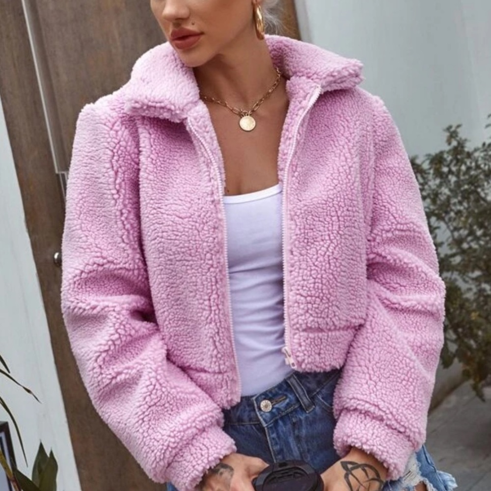 Teddy Coat Shearling Zip Up Collared Jacket Tan - Picture 5 of 7